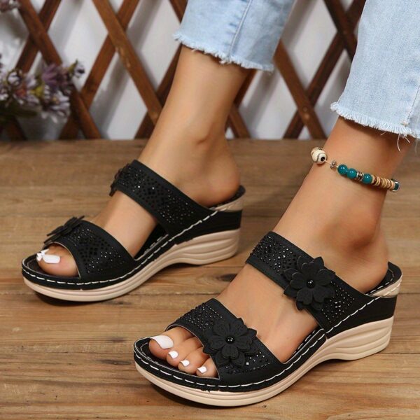 Women's Flower & Rhinestone Wedge Slippers, Solid Color Open Toe Non Slip Arch Support Slides Shoes, Casual Retro Sandals - Image 20