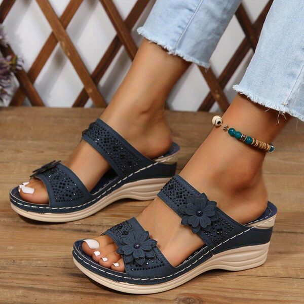 Women's Flower & Rhinestone Wedge Slippers, Solid Color Open Toe Non Slip Arch Support Slides Shoes, Casual Retro Sandals - Image 15