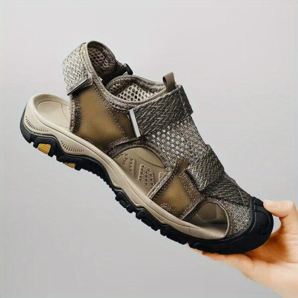 Men's Premium Leather Open-Toe Beach Sandals - Casual Summer Sport Thick Sole with Air Cushion, Adjustable Hook-and-loop Fastener Straps, Breathable Mesh Lining for Outdoor Activities, Outdoor Sandals|Adjustable Strap Sandals|Durable Construction - Image 9