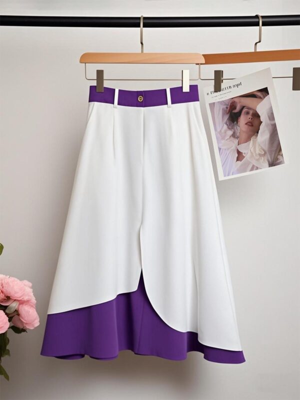 Elegant Purple and White Checkered High-Waist Skirt for Women - Long, Flared Design with Belt Loops, All-Season Fashion, A-Line Fit, Stylish Office Attire|Classy Skirt|Flared Hemline, Plus Size Skirt - Image 4