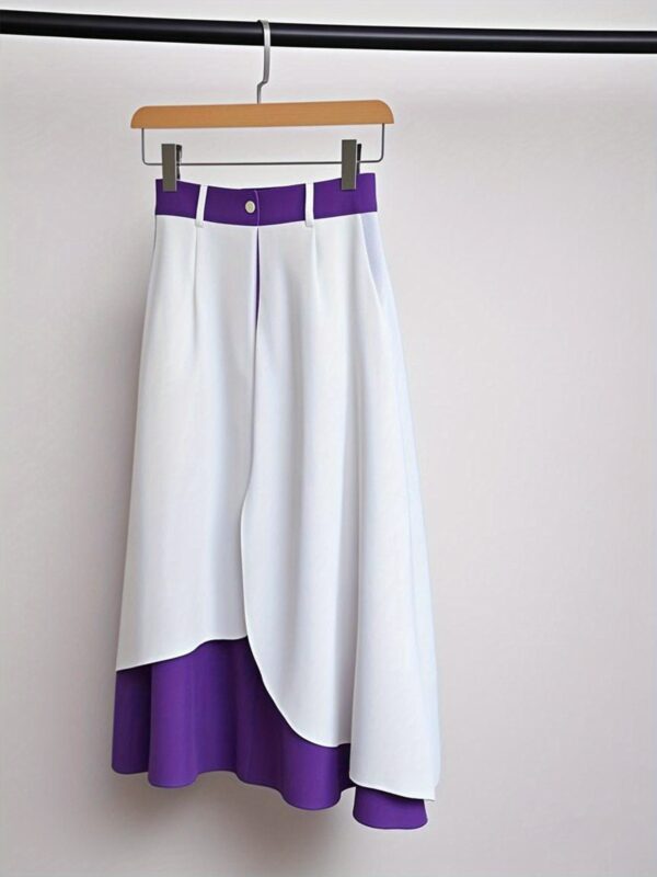 Elegant Purple and White Checkered High-Waist Skirt for Women - Long, Flared Design with Belt Loops, All-Season Fashion, A-Line Fit, Stylish Office Attire|Classy Skirt|Flared Hemline, Plus Size Skirt - Image 3