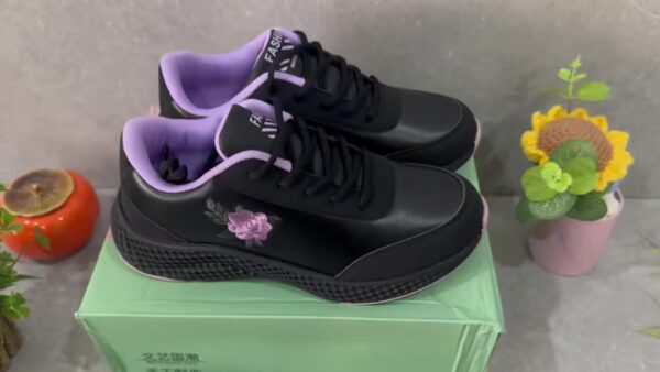 Women'S Black Sneakers with Pink Rose Embroidery - Lightweight, Soft Sole, Comfortable Lace-Up Low Top Sneakers, All-Season Outdoor Shoes, Stabilizing Support, Microfiber Leather Upper, EVA Sole, Fabric Lining, Allseason Sneakers | Rose Embroidery Sneakers | Comfortable Footwear - Image 11