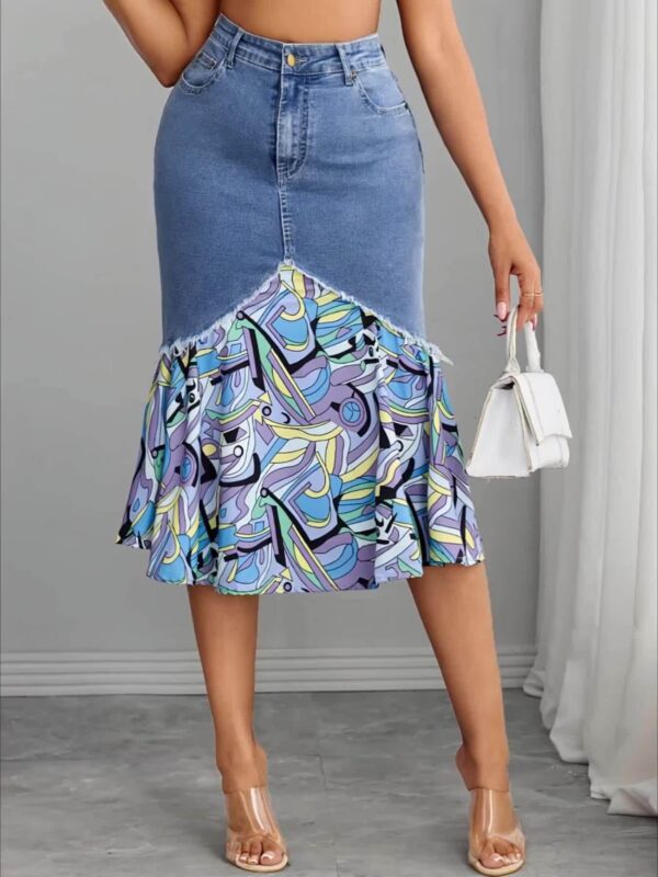 Vintage Stretch Denim Midi Skirt with Chiffon Overlay and Unique Asymmetrical Hem - Mid-Rise, Fishtail Design, Machine Washable - Light Blue to Dark Purple Gradient, Abstract Patterns, Spring/Summer/Fall Women’s Fashion, Fall Casual Wear | Comfortable Midrise - Image 6