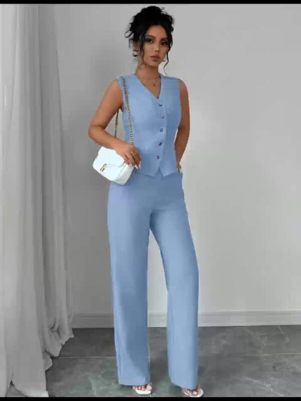 Women'S Elegant Sleeveless V-Neck Waist Tie Front Vest and Straight Leg Pants Set - Solid Color, High-Waisted Wide-Leg Pants with Button Details, Perfect for Spring/Summer Commute or Casual Outings, Versatile Fashion | Sleek Modern Look | Button Detailing - Image 21