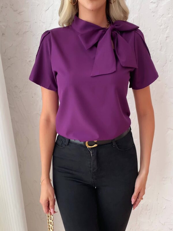 Elegant Women'S Bow Tie Bell Sleeve Blouse - Solid Color Tie-Front Shirt with Flared Cuffs, Versatile Casual to Dressy Top for Spring Summer Fall, Seasonal Fashion, Quality Fabric Shirt - Image 26