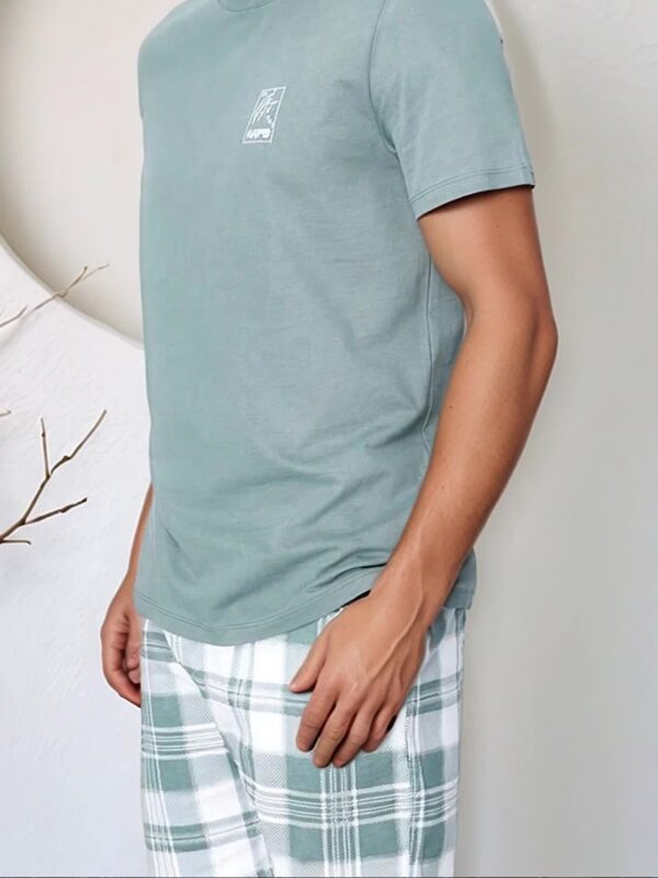 Spring, Summer, and Autumn Men's Fashion Casual Pajama Set with Plaid Print Pants, Polyester Blend, Comfortable Short Sleeve and Shorts Two-Piece Set - Image 11