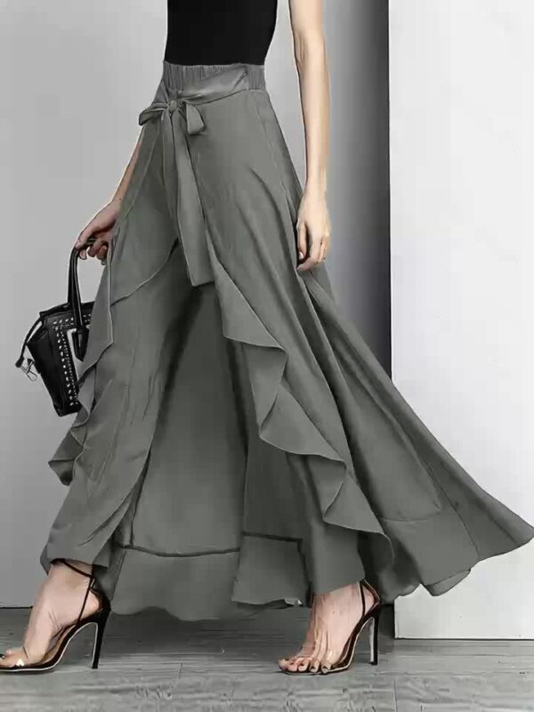 Women'S Light Blue Ruffle Hem Maxi Pants - Casual Solid Color Straight Leg with Belt Detail, Flowy Design for All Seasons, Polyester Fabri - Image 35