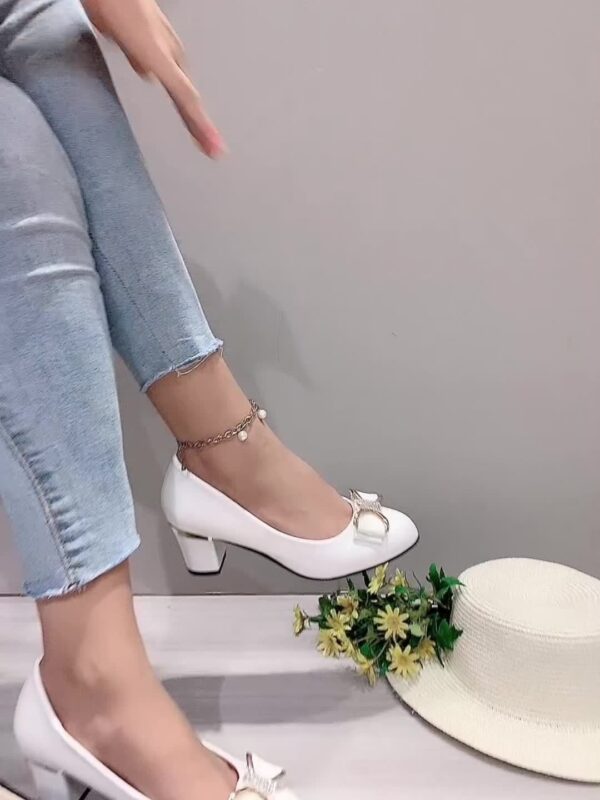 Elegant Women's Black Pumps with Rhinestone Bow - Glossy Finish, Comfortable Chunky Heel, Round Toe Slip-On Work Shoes, Chunky Shoes - Image 22