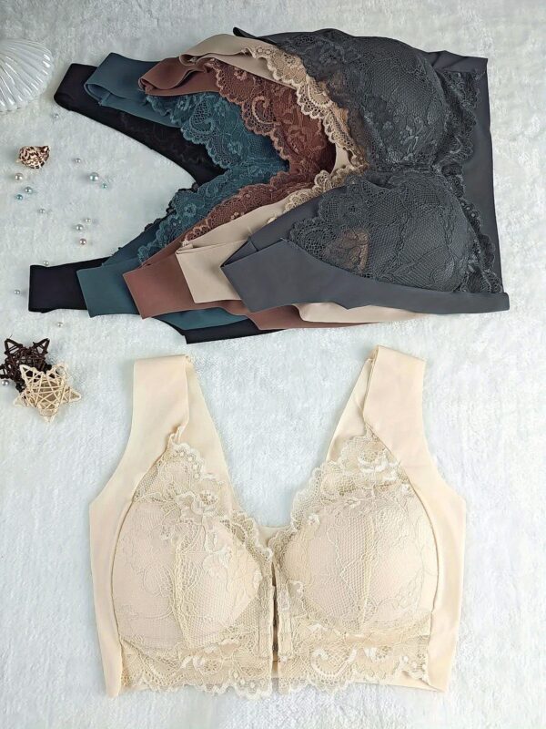(4pcs Mixed Color Set) Soft And Comfortable Front Buckle Bra, Elegant Lace Wireless Push-Up Bra Women'S Underwear And Bra - Image 8