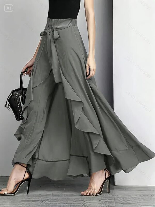 Women's Plus Size Olive Green Wide-Leg Pants with Front Tie Waist - High Rise, Flowy Vacation Style, Machine Washable, All-Season Comfort, Special Event Attire | Wideleg Design | Elegant Appearance - Image 20
