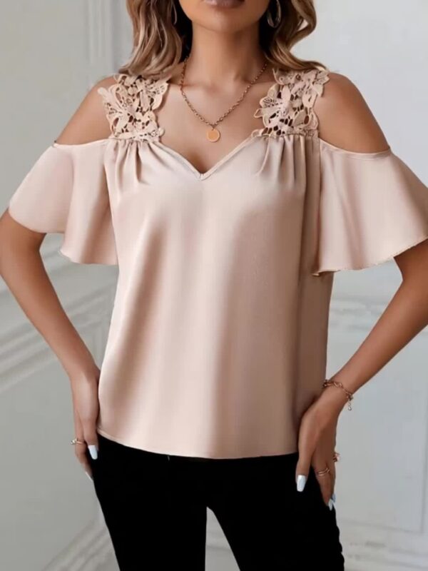 Women'S Off-Shoulder Lace Trim Blouse - Pink V-Neck Short Sleeve Shirting Top with Contrast Lace Detail, Summer Fashion for Adults, Adult Fashion Top | Lace Detailing | Vneck Collar, Lace Blouse - Image 27