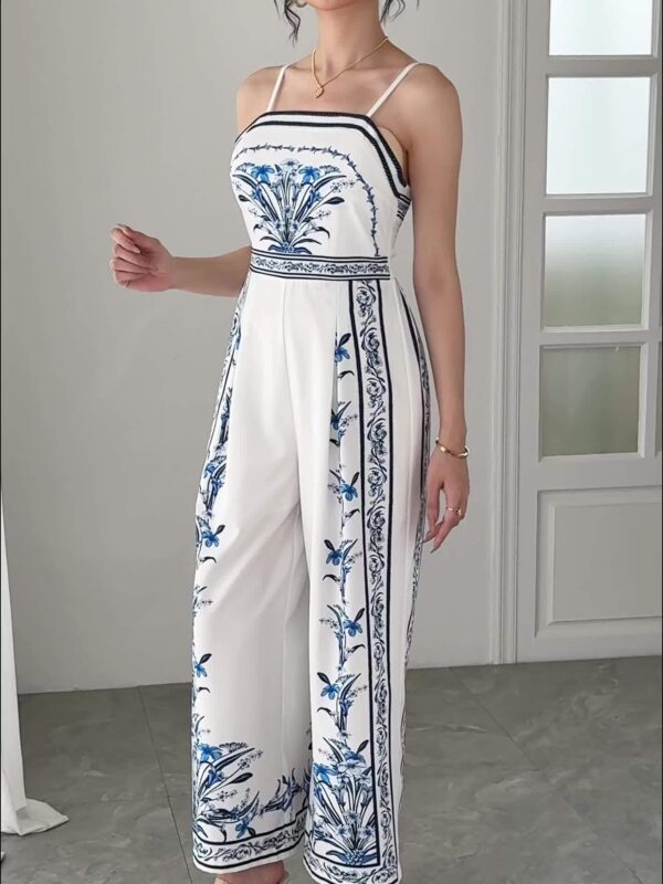 Women'S Elegant Sleeveless Floral Print Jumpsuit - Lightweight Polyester, V-Neck with Spaghetti Straps, Perfect for Spring/Summer Vacation, White with Blue Floral Design, Vacation Wear | Floral Print Jumpsuit | Lightweight Jumpsuit - Image 6