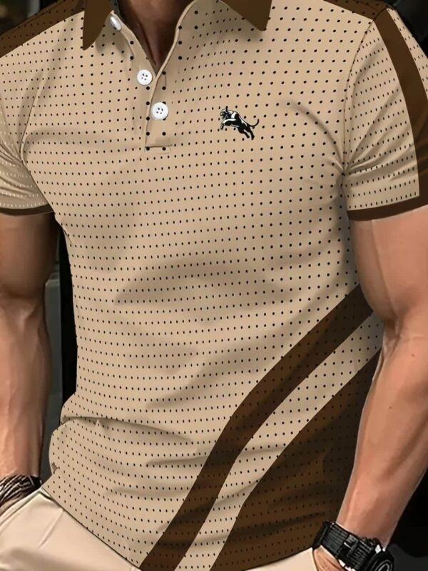 Men's Summer Short Sleeve Shirt - 100% Polyester Breathable Stretch Fabric, Brown & White Contrast Print, Classic Collar Button-Up Casual Shirt for Office & Social Outings - Image 11