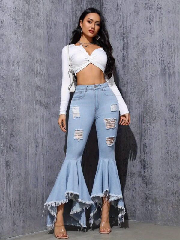 Ripped Raw Hem Flare Leg Bell Bottom Stylish Distressed Plain Washed Blue Elegant Jeans Denim Pants, Women's Denim Jeans & Clothing For Autumn - Image 13