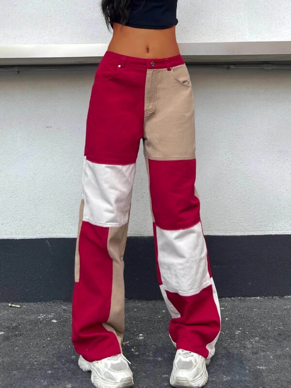 Women'S Streetwear Cargo Pants - Loose Fit, Asymmetrical Color Block Design in Red, Beige & White, Elastic Waistband with Drawstring, Side Pockets, All-Season Casual Wear, Streetwear Fashion | Asymmetrical Design | Elastic Waistband Pants - Image 11