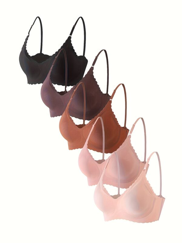 5 Pcs Elegant Solid Bras, Scallop Trim Adjustable Strap Seamless T-shirt Bra, Women's Lingerie & Underwear