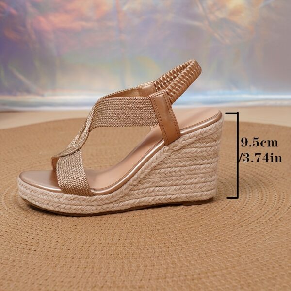 Women's Metallic Accent Woven Platform Sandals - Open-Toe Slip-On High Heel with Ankle Strap, Breathable Summer Shoes for Vacation & Casual Outings (Beige & Navy Blue), Durable Tpr Sole - Image 25