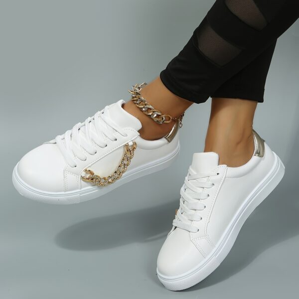 Women's Low-Top White Sneakers with Golden-Tone Chain Accents - Upper, Breathable Mesh Lining & TPR Sole - All-Season Casual Shoes for Casual Attire, Ladies Sneakers, Versatile Footwear, Trendy Footwear, Comfortable Fit, Urban Lifestyle - Image 5
