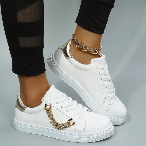 Women's Low-Top White Sneakers with Golden-Tone Chain Accents - Upper, Breathable Mesh Lining & TPR Sole - All-Season Casual Shoes for Casual Attire, Ladies Sneakers, Versatile Footwear, Trendy Footwear, Comfortable Fit, Urban Lifestyle - Image 7
