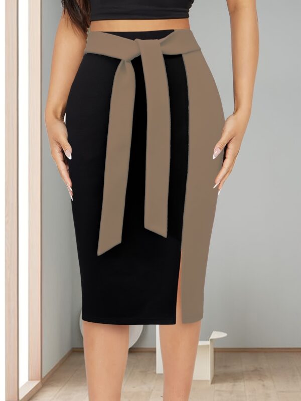 Women's Elegant Slim-Fit Color-Block Midi Skirt - Black to Burgundy Ombre with Adjustable Ribbon Bow Detail, Machine Washable H-Silhouette for Spring/Summer Office to Party Wear, Cute Skirts, Sophisticated Texture - Image 4