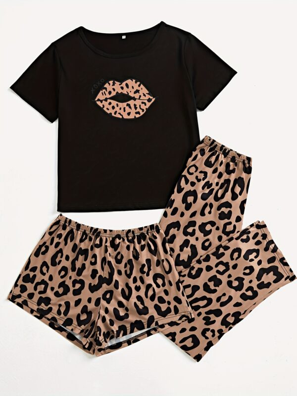 3pcs Lips & Leopard Print Pajama Set, Breathable Short Sleeve Slight Stretch Top + Loose Shorts + Long Pants, Women's Loungewear & Sleepwear - Image 21
