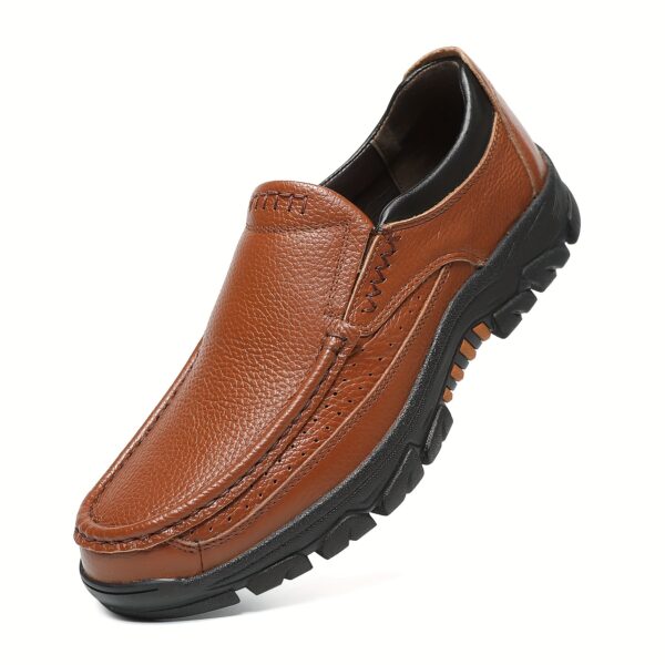 Men's Genuine Leather Slip-On Dress Shoes for Fathers Age 40-50 - Slip-Resistant Rubber Sole, Round Toe Comfort, All-Season Casual & Business Casual Shoes (Brown, Size Up to 50), Versatile Footwear | Side Zipper Design | Durable Footwear - Image 8