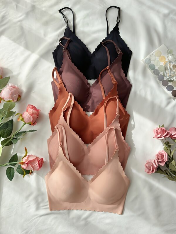 5 Pcs Elegant Solid Bras, Scallop Trim Adjustable Strap Seamless T-shirt Bra, Women's Lingerie & Underwear - Image 3