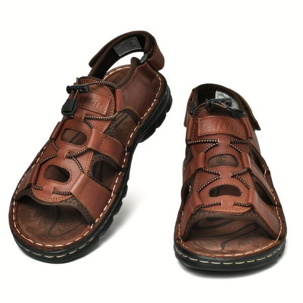 Plus Size Men's Top Grain Leather Vintage Old School Style Open Toe Breathable Sandals With Adjustable Buckle, Comfy Non Slip Durable Beach Water Shoes, Men's Footwear - Image 5