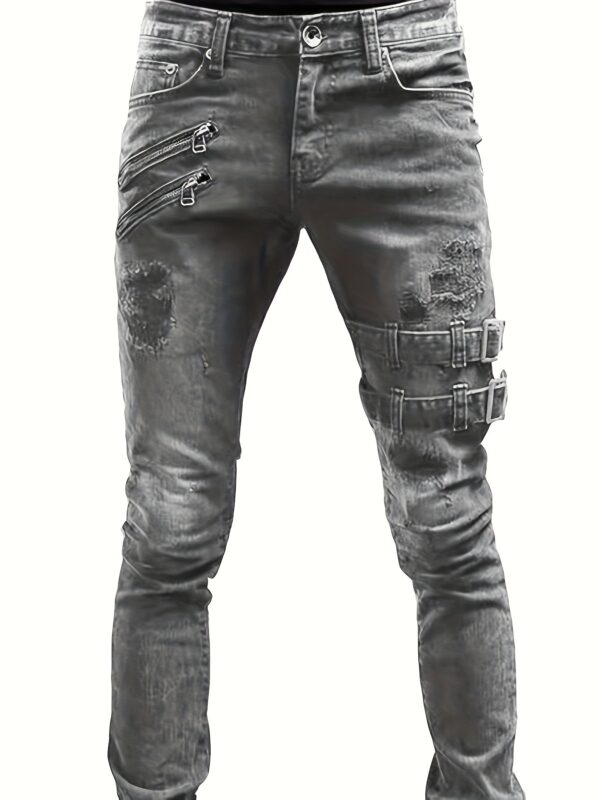 Men's Streetwear Distressed Skinny Jeans with Zipper Pockets - Stretch Denim Regular Fit Blue Casual Pants for All-Season Wear, Street Style Clothing | Ripped Design Jeans | Durable Fabric Jeans, Ripped Jeans - Image 2
