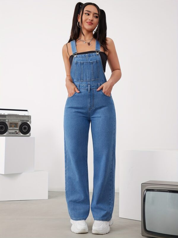 Women's Adjustable Straps Wide-Leg Jumpsuit - Denim Romper with Button Cuffs, Machine Washable Casual Workwear Style for Spring Summer Fall