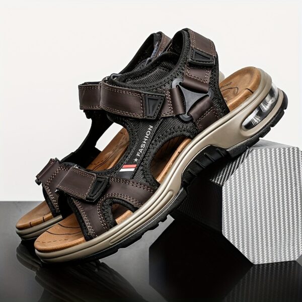 Men's Premium Leather Open-Toe Beach Sandals - Casual Summer Sport Thick Sole with Air Cushion, Adjustable Hook-and-loop Fastener Straps, Breathable Mesh Lining for Outdoor Activities, Outdoor Sandals|Adjustable Strap Sandals|Durable Construction - Image 6