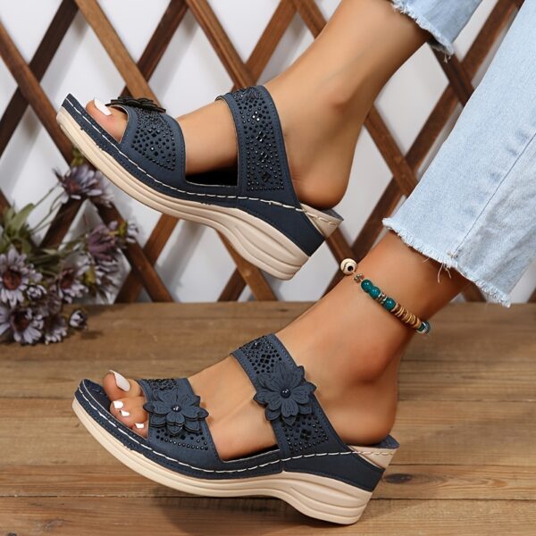 Women's Flower & Rhinestone Wedge Slippers, Solid Color Open Toe Non Slip Arch Support Slides Shoes, Casual Retro Sandals - Image 14