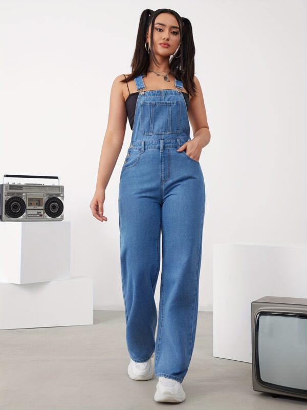 Women's Adjustable Straps Wide-Leg Jumpsuit - Denim Romper with Button Cuffs, Machine Washable Casual Workwear Style for Spring Summer Fall - Image 3