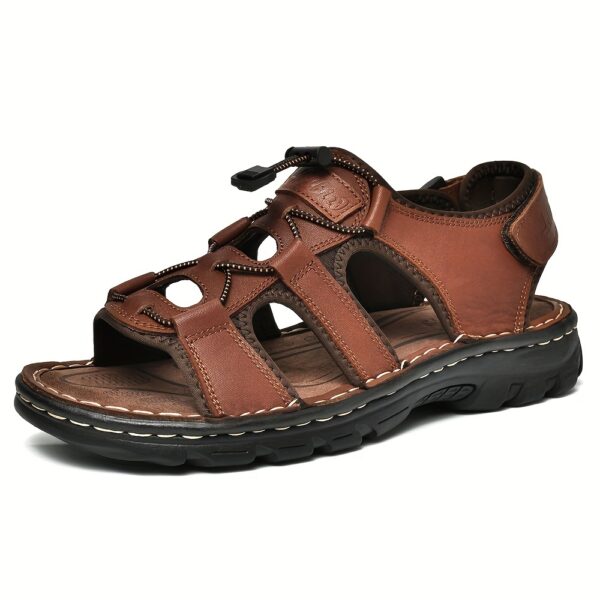 Plus Size Men's Top Grain Leather Vintage Old School Style Open Toe Breathable Sandals With Adjustable Buckle, Comfy Non Slip Durable Beach Water Shoes, Men's Footwear - Image 2