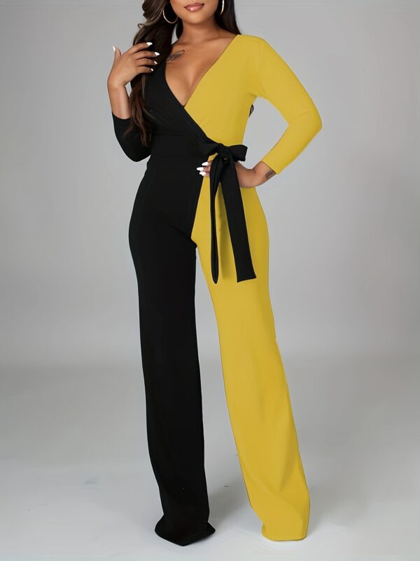 Women's Elegant Long Sleeve V-Neck Color-Block Jumpsuit - Adjustable Tie Waist Wide-Leg Romper, Black to Yellow Ombre, Machine Washable All-Season Vacation & Casual Outfit, Ladies Rompers And Jumpsuits, Sophisticated Design