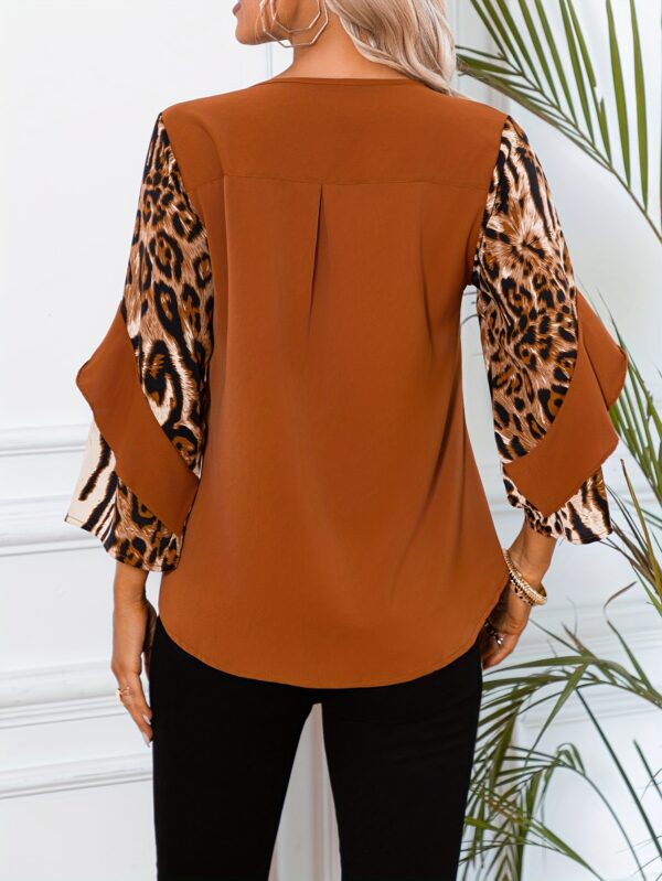 Women's Casual Satin Top with Leopard Print Contrast Sleeves & Round Neck - Spring Summer Fall Versatile Blouse for Casual Attire, Seasonal Fashion, Elegant Design - Image 2