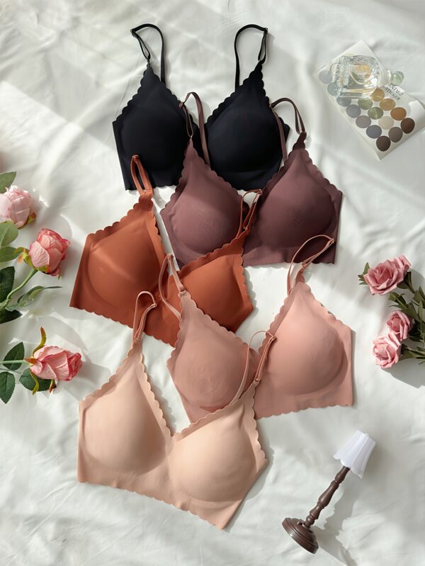 5 Pcs Elegant Solid Bras, Scallop Trim Adjustable Strap Seamless T-shirt Bra, Women's Lingerie & Underwear - Image 5