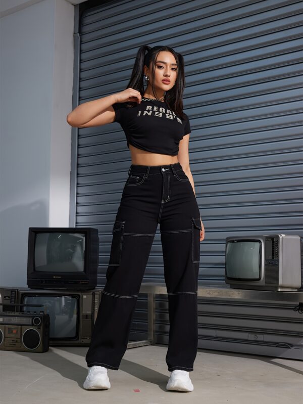Women'S Y2K/Kpop Inspired Color Block Loose-Fit Cargo Jeans, Casual Straight Leg Long Pants with Flap Pockets, 100% (73%, 25% Polyester, 2% Elastane), All-Season Woven Fabric, 415g/m² - Regular Fit - Image 3