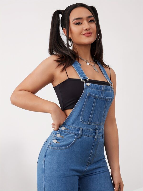 Women's Adjustable Straps Wide-Leg Jumpsuit - Denim Romper with Button Cuffs, Machine Washable Casual Workwear Style for Spring Summer Fall - Image 2