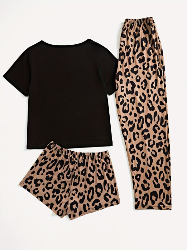 3pcs Lips & Leopard Print Pajama Set, Breathable Short Sleeve Slight Stretch Top + Loose Shorts + Long Pants, Women's Loungewear & Sleepwear - Image 13