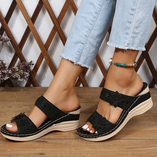 Women's Flower & Rhinestone Wedge Slippers, Solid Color Open Toe Non Slip Arch Support Slides Shoes, Casual Retro Sandals - Image 6