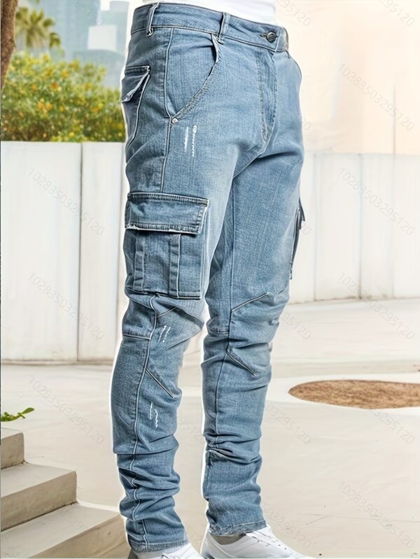 Men's Slim Fit Cargo Jeans - Stretch Denim with Multi-Pocket Design, Street Style, All-Season Wear - Image 2