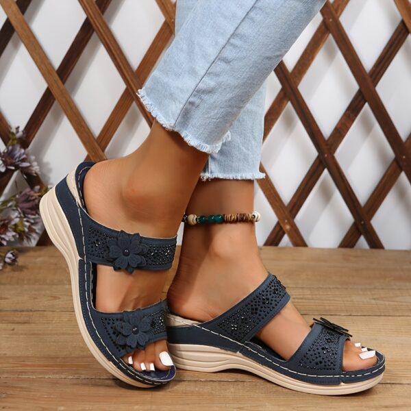 Women's Flower & Rhinestone Wedge Slippers, Solid Color Open Toe Non Slip Arch Support Slides Shoes, Casual Retro Sandals - Image 10
