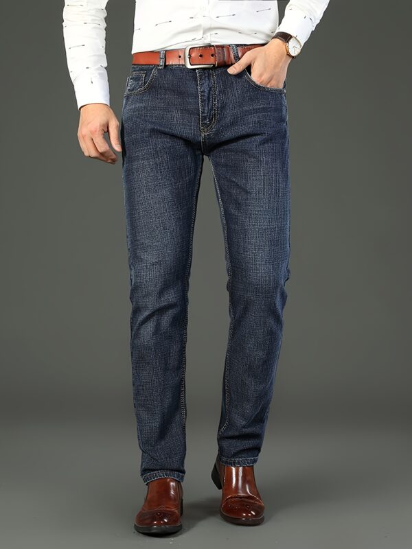 1pc Men'S Classic Denim Jeans - All-Season Stretch Regular Fit Solid Color Washed Basics, 64.5% Cotton, 33.5% Polyester, 2% Spandex, Woven Fabric, Casual Business Work Pants - Image 6