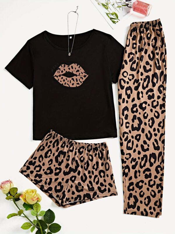 3pcs Lips & Leopard Print Pajama Set, Breathable Short Sleeve Slight Stretch Top + Loose Shorts + Long Pants, Women's Loungewear & Sleepwear - Image 3
