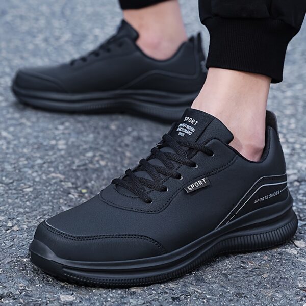 Men's Lightweight Breathable Casual Sneakers - Black PU Upper & MD Sole, Round Toe Lace-Up Design for Sports Travel, Autumn Winter Spring, Sizes 39-48 - Image 8