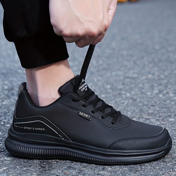 Men's Lightweight Breathable Casual Sneakers - Black PU Upper & MD Sole, Round Toe Lace-Up Design for Sports Travel, Autumn Winter Spring, Sizes 39-48 - Image 9