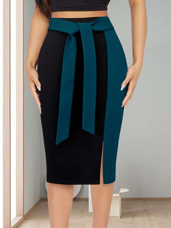 Women's Elegant Slim-Fit Color-Block Midi Skirt - Black to Burgundy Ombre with Adjustable Ribbon Bow Detail, Machine Washable H-Silhouette for Spring/Summer Office to Party Wear, Cute Skirts, Sophisticated Texture - Image 2