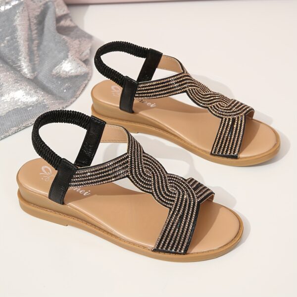 Women's Rhinestone Flat Sandasl, All-Match Open Toe Elastic Band Slip On Shoes, Summer Outdoor Beach Sandals - Image 17