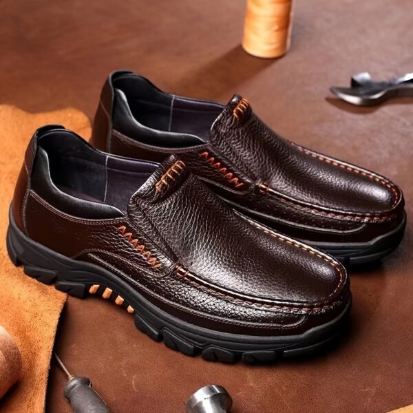 Men's Genuine Leather Slip-On Dress Shoes for Fathers Age 40-50 - Slip-Resistant Rubber Sole, Round Toe Comfort, All-Season Casual & Business Casual Shoes (Brown, Size Up to 50), Versatile Footwear | Side Zipper Design | Durable Footwear - Image 3